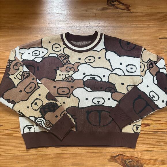 Shein brown cream teddy bear kidcore cropped crew sweater SIZE L - Picture 1 of 5